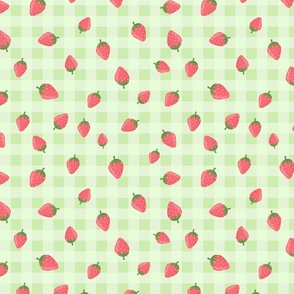 Strawberries on Green Gingham Check, Strawberry Fabric, Strawberries, Summer Fabric, Nursery Fabric