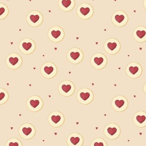 Heart Cookies on Beige,  Strawberry Jam, Sugar Cookies, Heart Cookies, Sweets, Valentines Treats, Valentines Fabric