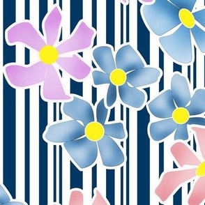 Blue and pink retro flowers on a striped white and blue colorway 