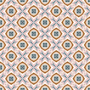 Small scale terracotta, pink, taupe and teal mosaic tile for symmetrical projects, in feminine colors - for tablecloths, bed sheets, duvet covers and modern abstract ethnic style wallpaper, apparel, quilting and patchwork