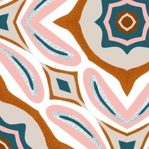 Large scale terracotta, pink, taupe and teal mosaic tile for symmetrical projects, in feminine colors - for tablecloths, bed sheets, duvet covers and modern abstract ethnic style wallpaper
