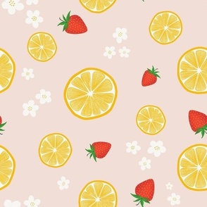 Bright Citrus Yellow Summer Lemons Petite White Flowers Ruby Red Strawberries on Pretty Pink