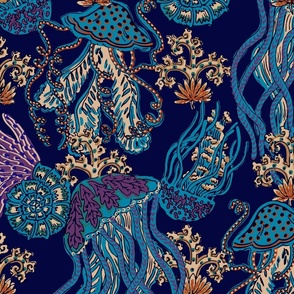 Jellyfish and nautilus (LARGE) Modern Indigo