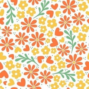 Bigger Summer Whimsy Floral Garden Playful Colorful Orange and Yellow Flowers and Hearts