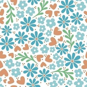 Bigger Summer Whimsy Floral Garden Playful Blue Flowers and Tan Hearts