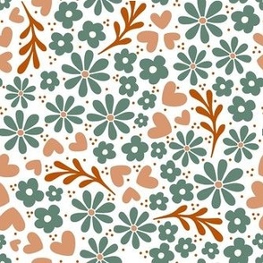Bigger Whimsy Floral Garden Playful Boho Pine Green and Tan Flowers and Hearts