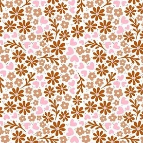 Smaller Whimsy Floral Garden Playful Boho Brown and Tan Flowers with Pink Hearts