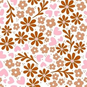 Bigger Whimsy Floral Garden Playful Boho Brown and Tan Flowers with Pink Hearts