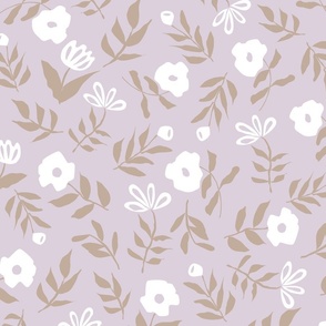 Cream Taupe Flowers and leaves Scattered on Lavender Purple