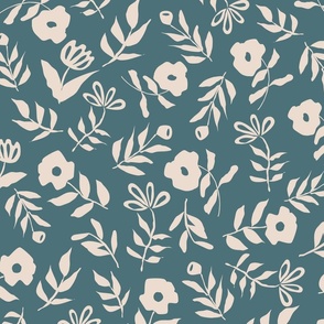 Two Tone Cream Off White Flowers and Leaves on French Blue Green