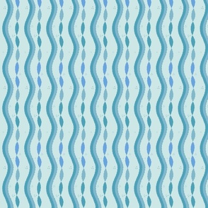 (tiny-Dollhouse 2in) Turquoise tones line drawing mending waves -on Light blue