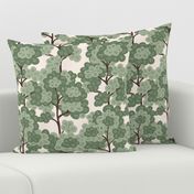 Serene hand drawn fluffy trees forest - light green, sage green, off white