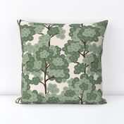 Serene hand drawn fluffy trees forest - light green, sage green, off white