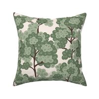 Serene hand drawn fluffy trees forest - light green, sage green, off white