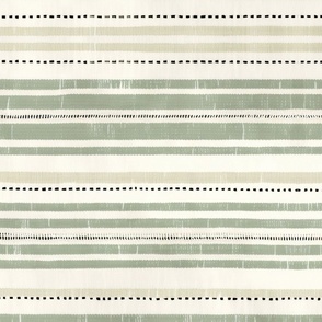 Rustic French Linen Horizontal Stripes Green Beige 
