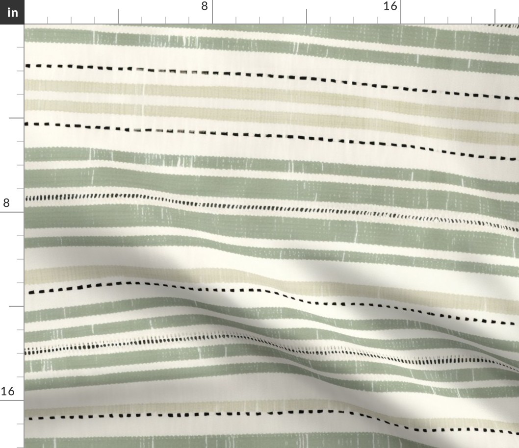 Rustic French Linen Horizontal Stripes Green Beige 