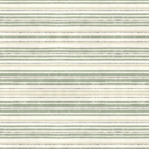 Rustic French Linen Horizontal Stripes Green Beige  Smaller Scale