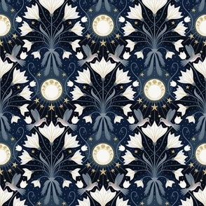 XS / Art Nouveau Moon Floral Hummingbird / Blue and Gold Art Deco Wallpaper