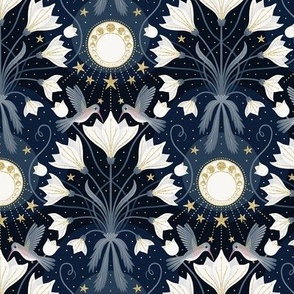 S / Art Nouveau Moon Floral Hummingbird / Blue and Gold Art Deco Wallpaper