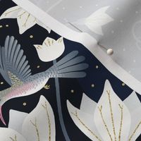 M / Art Nouveau Moon Floral Hummingbird / Blue and Gold Art Deco Wallpaper