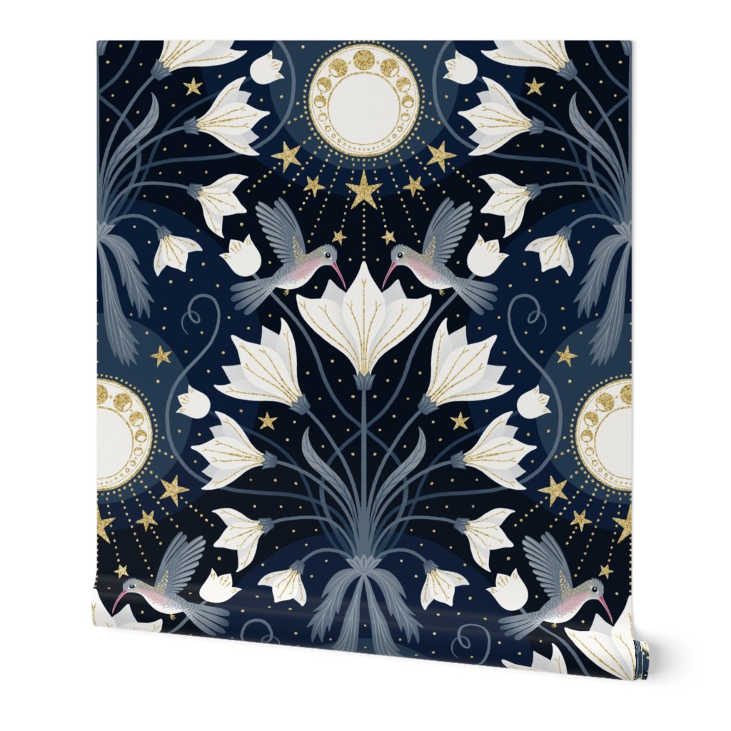 L / Art Nouveau Moon Floral Hummingbird / Blue and Gold Art Deco Wallpaper