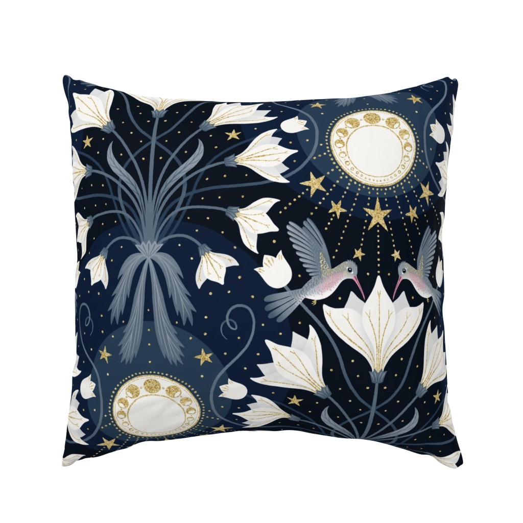 L / Art Nouveau Moon Floral Hummingbird / Blue and Gold Art Deco Wallpaper
