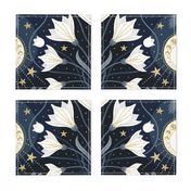 L / Art Nouveau Moon Floral Hummingbird / Blue and Gold Art Deco Wallpaper