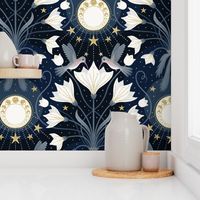 L / Art Nouveau Moon Floral Hummingbird / Blue and Gold Art Deco Wallpaper