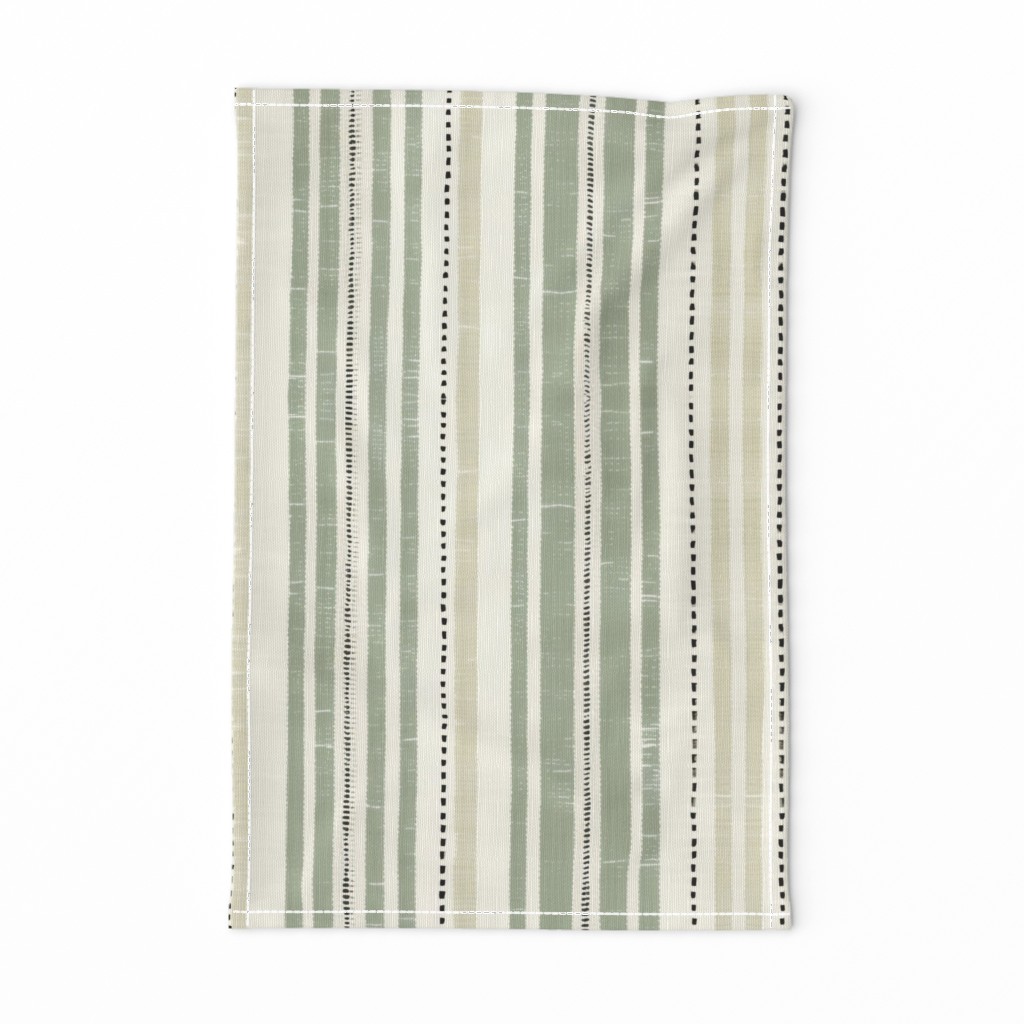 Rustic French Linen Vertical Stripes Green Beige
