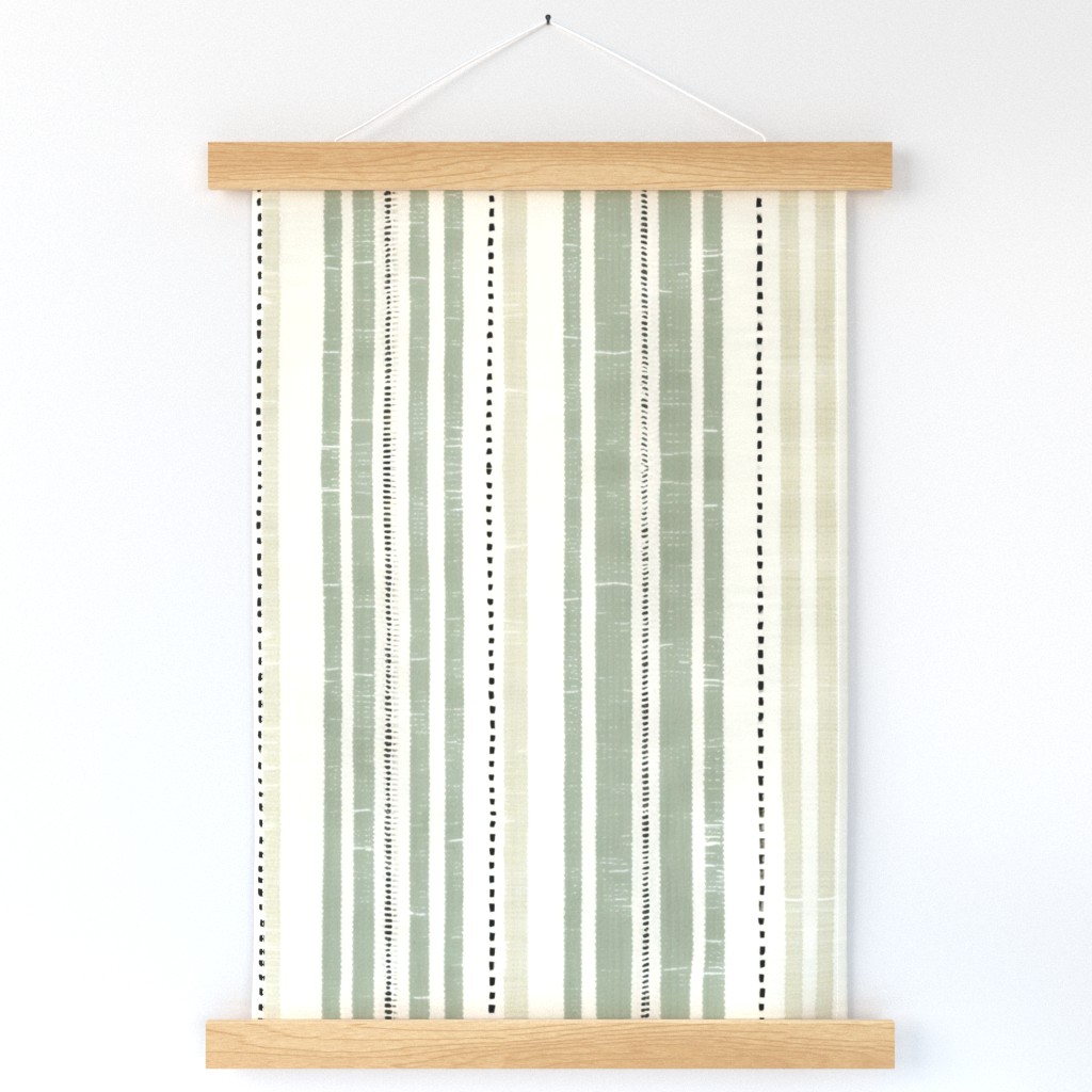 Rustic French Linen Vertical Stripes Green Beige