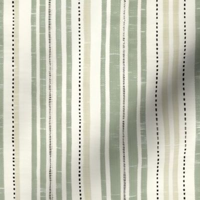Rustic French Linen Vertical Stripes Green Beige  Smaller Scale