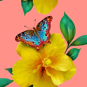 Hibiscus, Butterfly, and Leaves