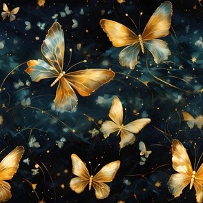 Gold & Blue Butterflies on Black - medium
