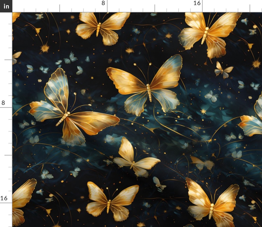 Gold & Blue Butterflies on Black - large
