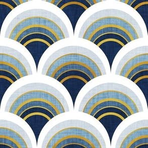 Small scale // Welcoming scallop elegance // blue geometric shapes golden textured lines art deco wallpaper inspiration