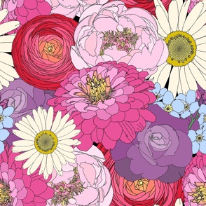 Retro Florals - 70s Groove - Bouquet - Multi-colored  Flowers - Peonies, Zinnias, Ranunculus, Daisies, Roses, and Forget-me-nots
