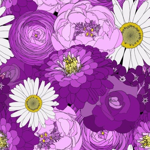 Retro Florals - 70s Groove - Bouquet - Purple Flowers & Daisies  - Peonies, Zinnias, Ranunculus, Daisies, Roses, and Forget-me-nots