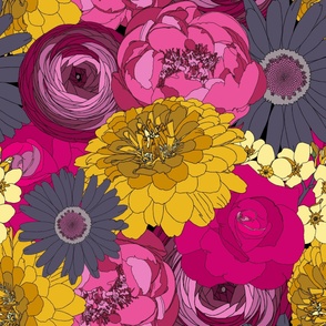 Retro Florals - 70s Groove - Bouquet - Tropical-colored  Flowers - Peonies, Zinnias, Ranunculus, Daisies, Roses, and Forget-me-nots