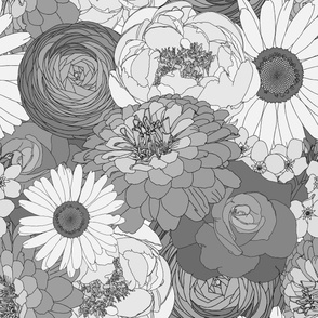 Retro Florals - 70s Groove - Bouquet - Monochrome Greys  - Peonies, Zinnias, Ranunculus, Daisies, Roses, and Forget-me-nots