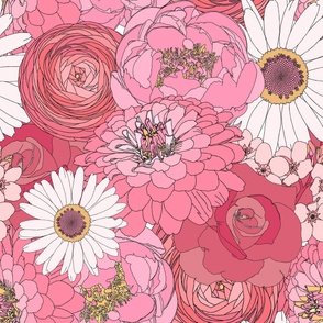 Retro Florals - 70s Groove - Bouquet - Pink Flowers & Daisies  - Peonies, Zinnias, Ranunculus, Daisies, Roses, and Forget-me-nots