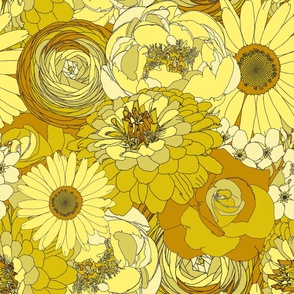 Retro Florals - 70s Groove - Bouquet - Monochrome Yellows  - Peonies, Zinnias, Ranunculus, Daisies, Roses, and Forget-me-nots