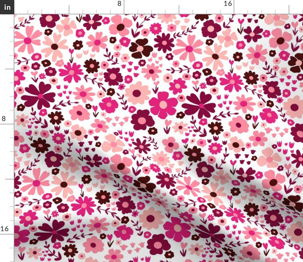 Valentines Floral on White, Valentines Flowers, Valentines Day, Valentine Fabric, Valentines Day Fabric, Valentine, Ditsy, Heart, Hearts, Florals, Floral Fabric