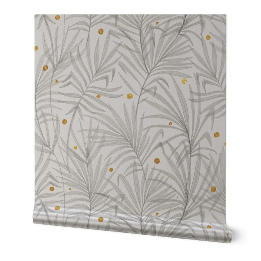 Palm leaves with golden dots. Glamorous palms. Neutral tropical and gold wallpaper. Traditional with modern twist