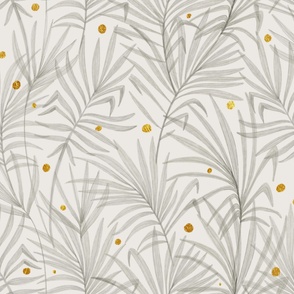 Palm leaves with golden dots. Glamorous palms. Neutral tropical and gold wallpaper. Traditional with modern twist