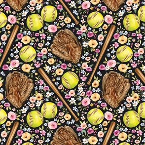 Softball Game with Watercolor Spring Florals on Black 12 inch