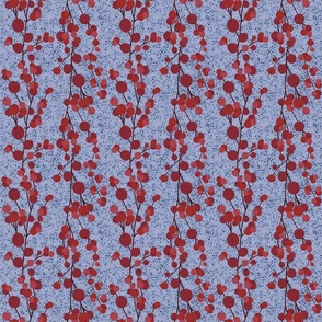 Small Trailing Red Rowan Berries Branches on Blue Textured Background