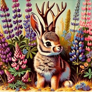 Baby Jackalope Rabbit in Lupine