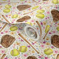 Softball Game with Spring Florals on Cream 6 inch