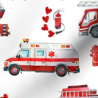 Large / Love to the Rescue - Valentine Fire Trucks and Hearts