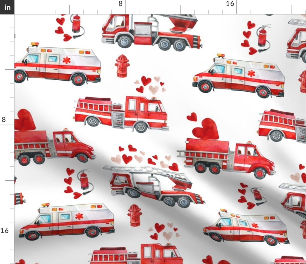 Large / Love to the Rescue - Valentine Fire Trucks and Hearts